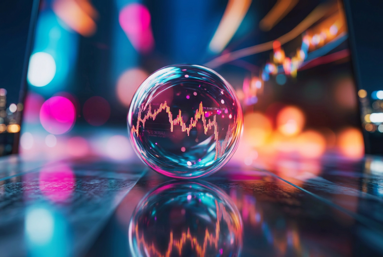 Bright market visualization inside a polished glass orb against a vivid city-light backdrop