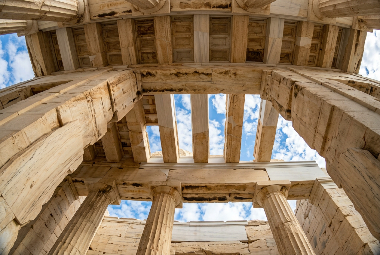 Sunlit classical stone structure viewed upward through a bright open roofline