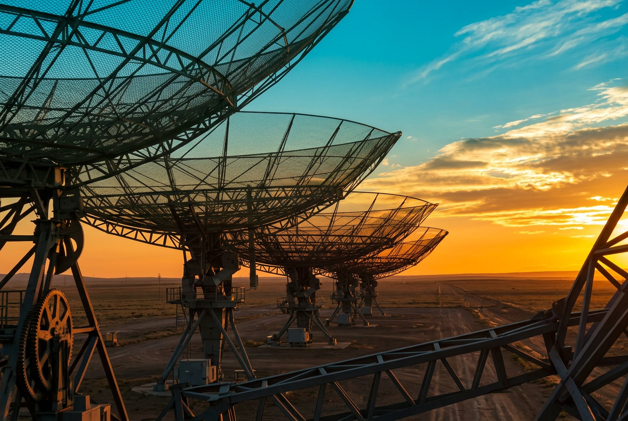 Large satellite dishes silhouetted against a bright sunset sky