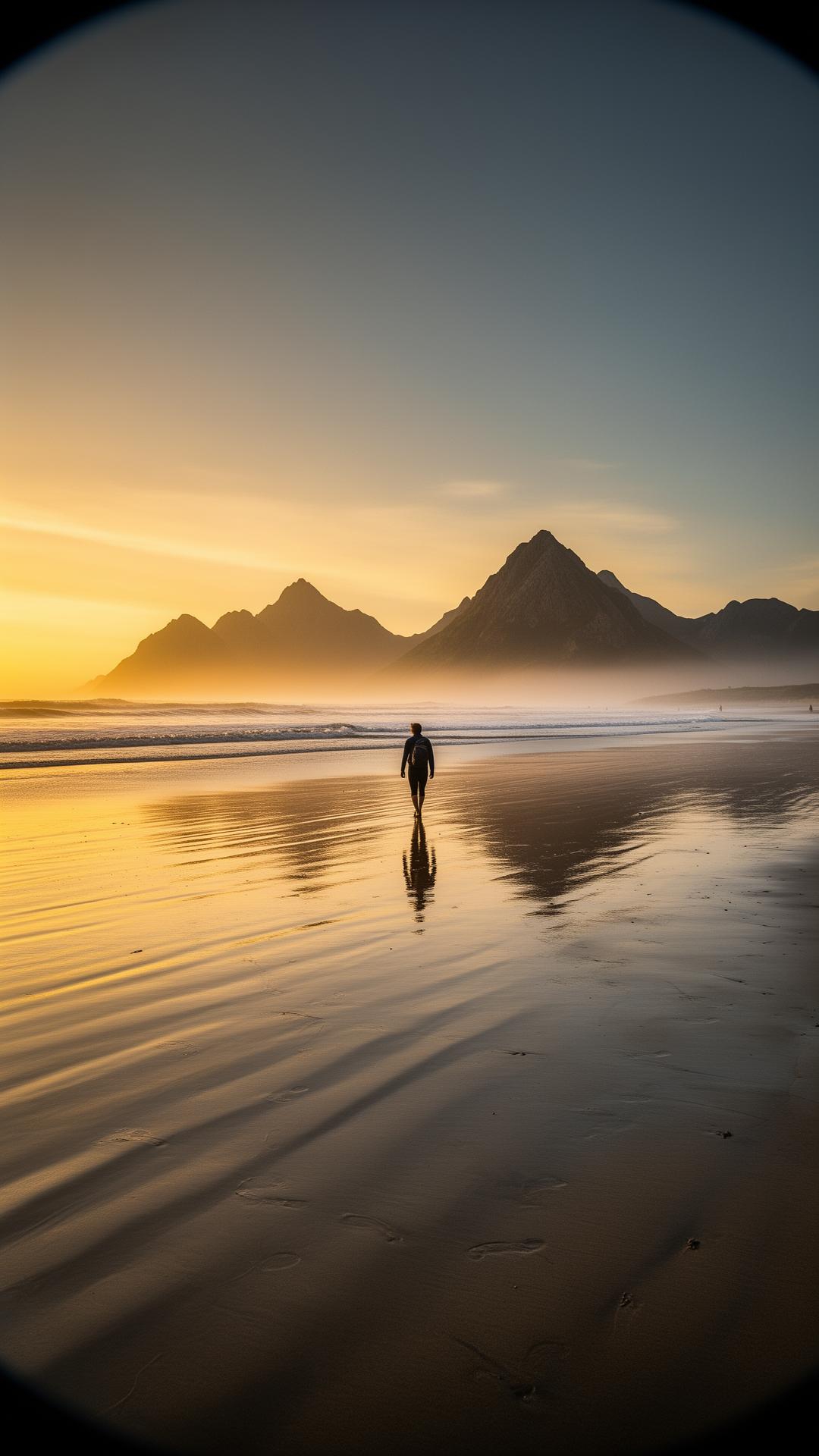 A solitary figure walking along a vast misty beach at golden hour, mountains in the distance