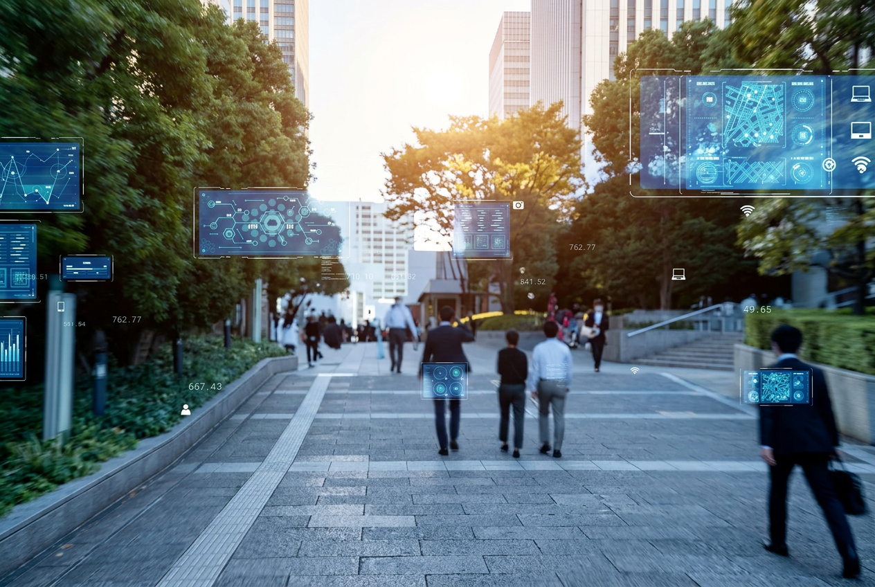 Bright urban scene with transparent interface layers and digital systems overlays